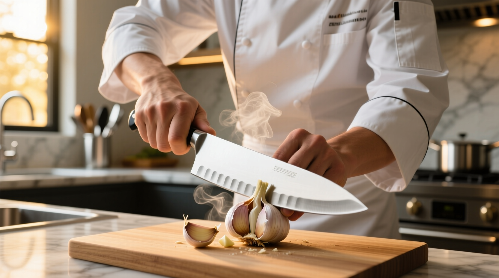 Professional chef crushing garlic clove with knife flat