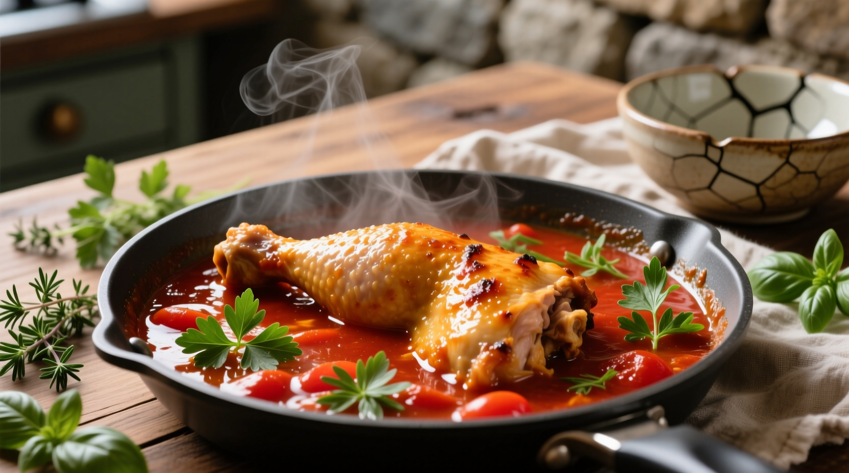 Chicken simmering in tomato sauce with fresh herbs
