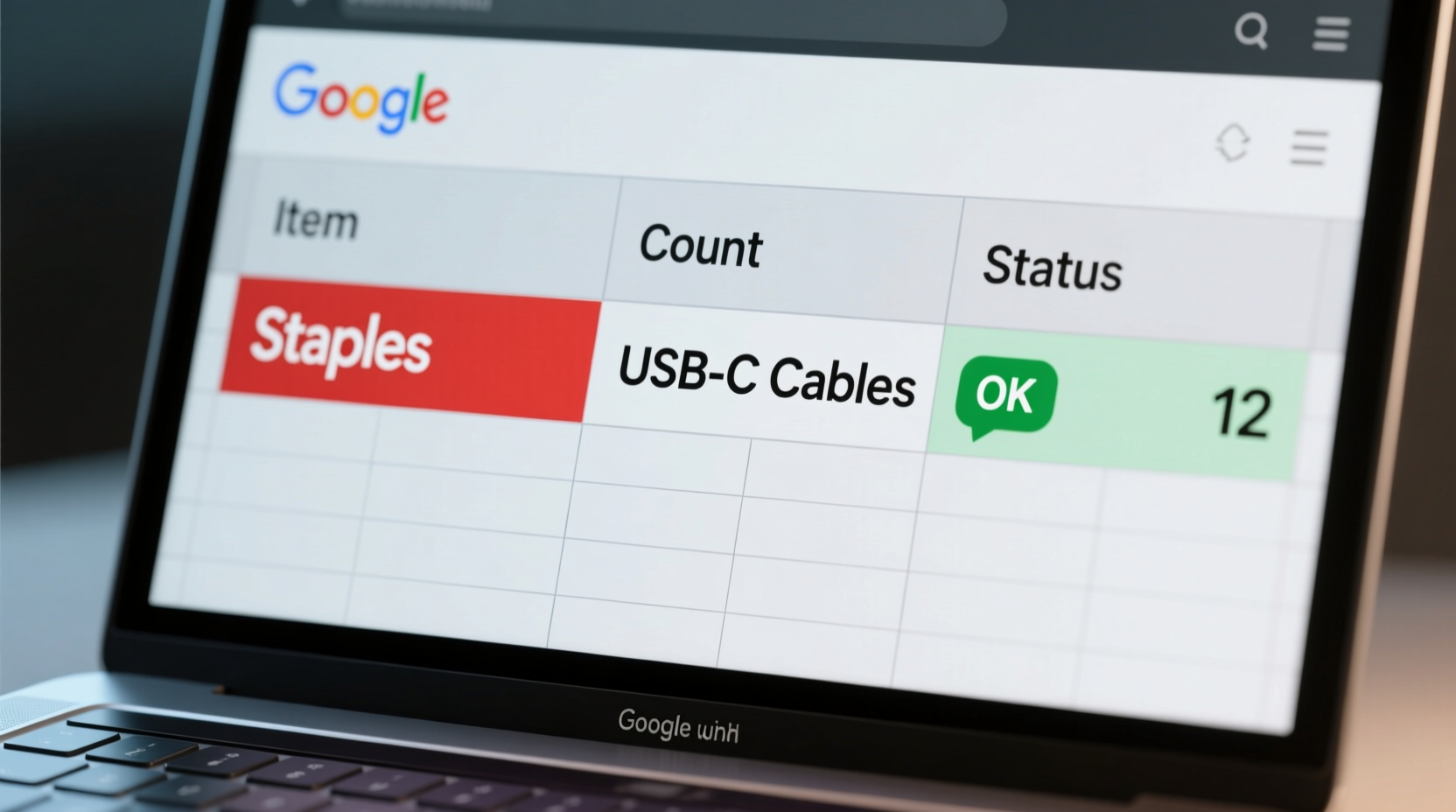 Screenshot of a clean Google Sheets interface showing three columns: 'Item', 'Count', and 'Status', with 'Staples' highlighted in red and 'USB-C Cables' showing green 'OK' status beside count '12'