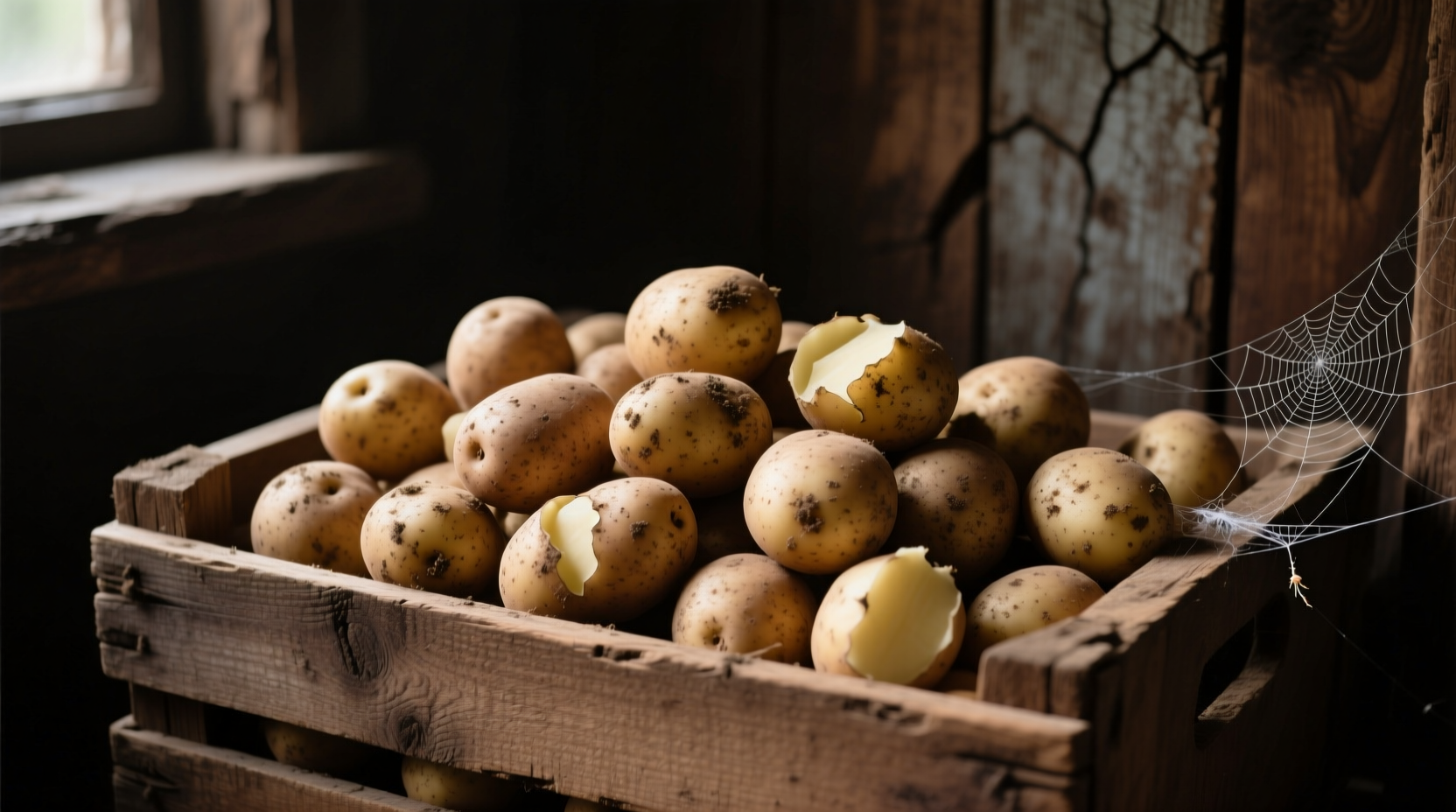 Fresh potatoes stored in wooden crate in dark pantry