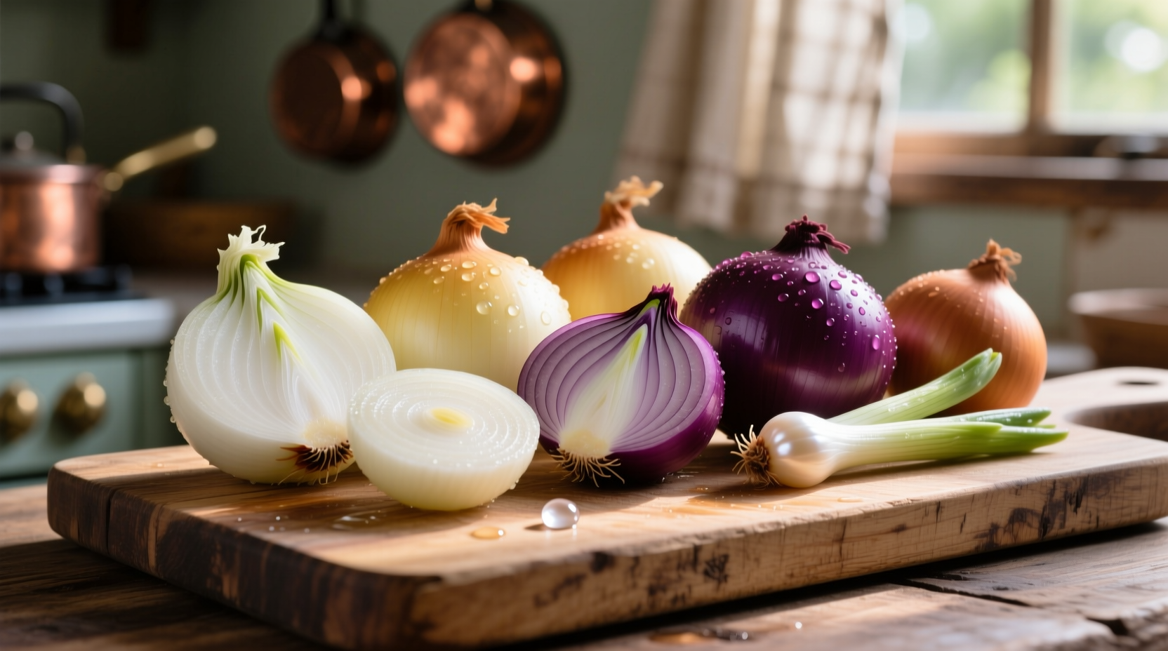 Fresh sweet onion varieties on wooden cutting board