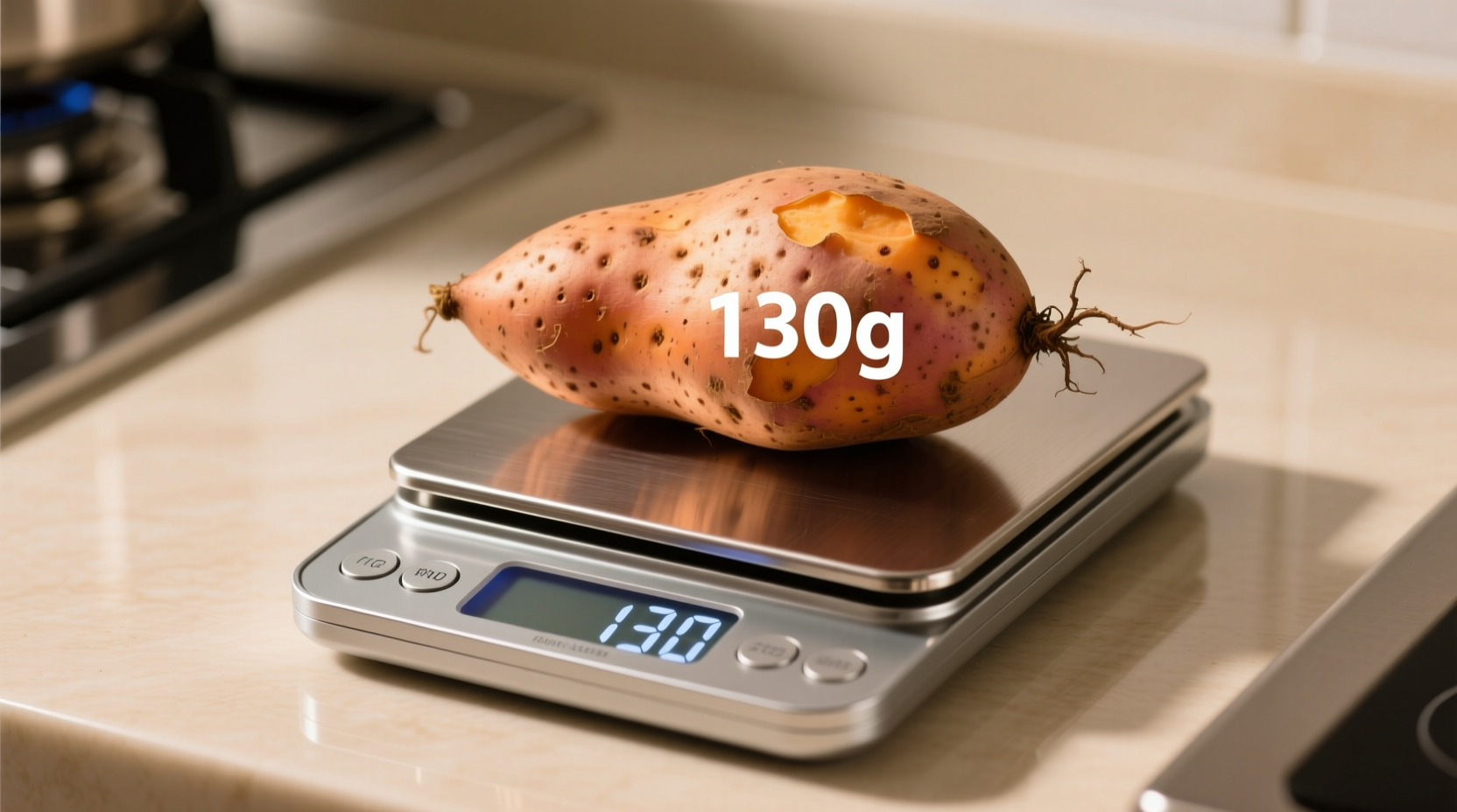 Medium sweet potato on kitchen scale showing 130g weight