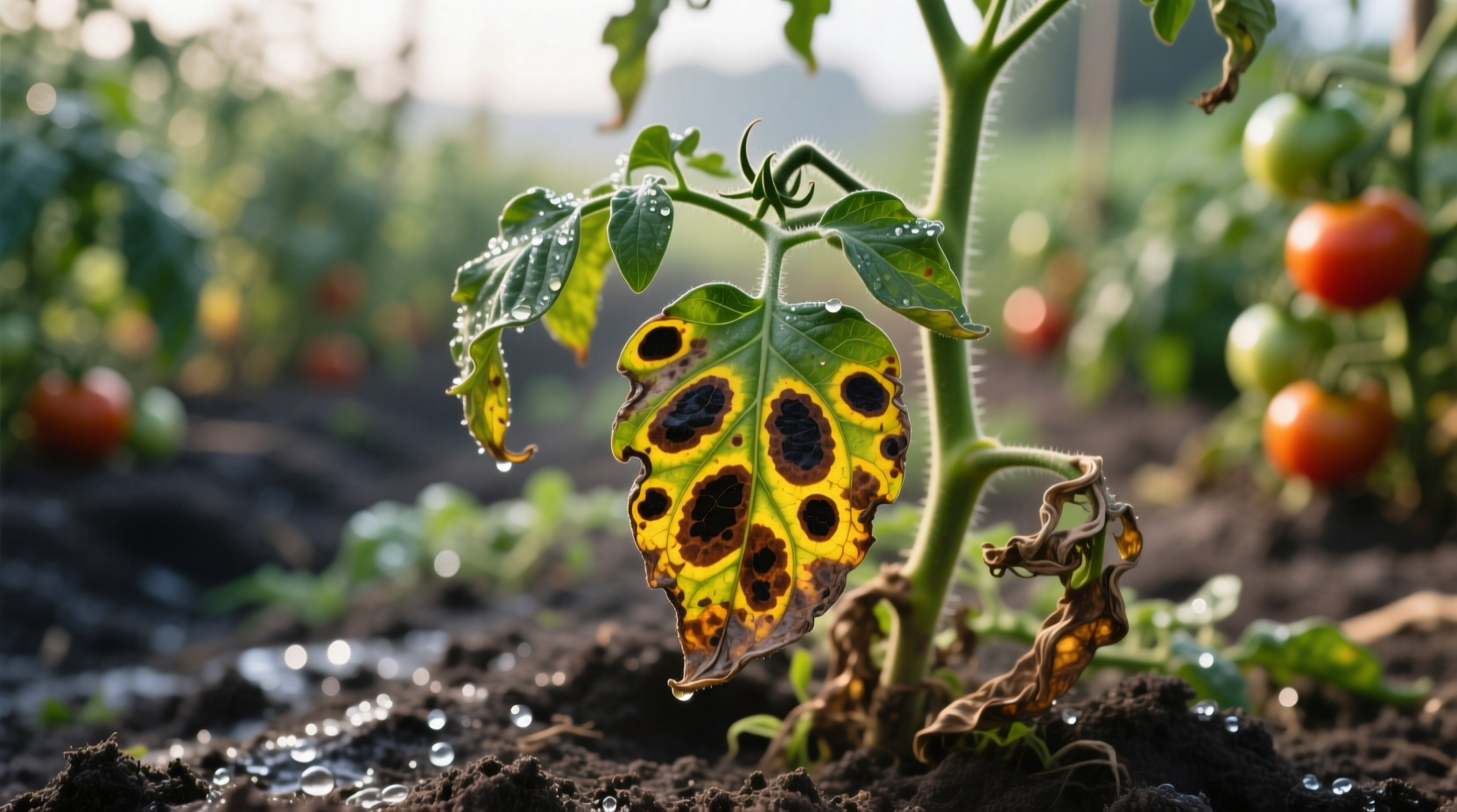 Tomato plant showing early blight symptoms on leaves
