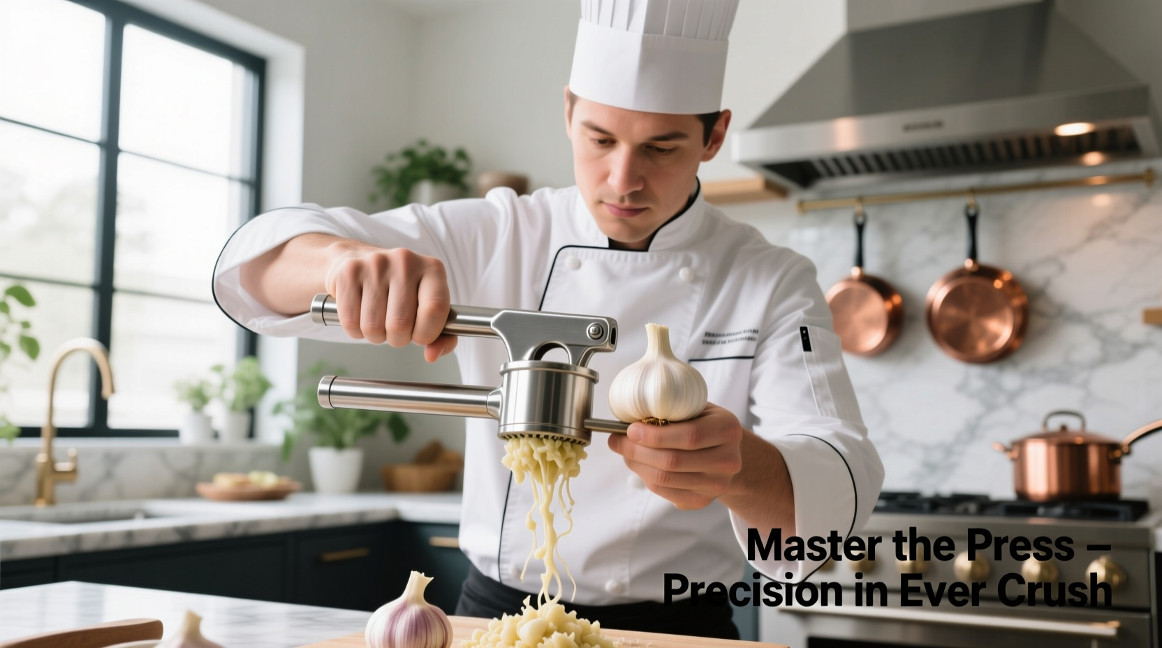 Professional chef demonstrating proper garlic press technique with fresh garlic