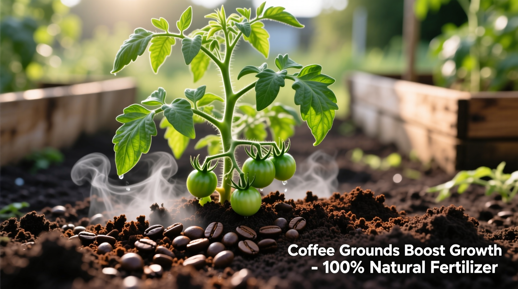 Tomato plant with coffee grounds in soil