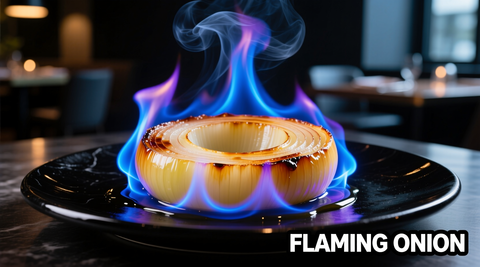 Flaming onion appetizer with blue flame