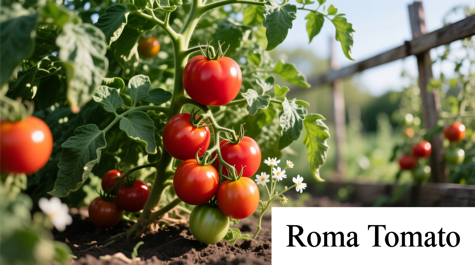 Healthy Roma tomato plant with ripening fruit