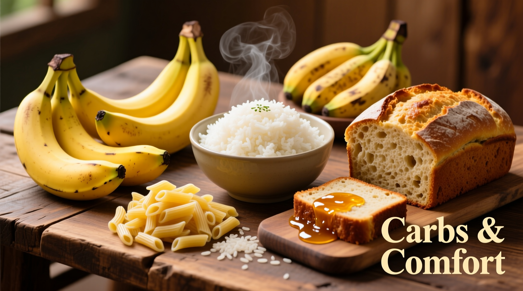 Colorful display of high-carb foods including rice, bananas, and bread
