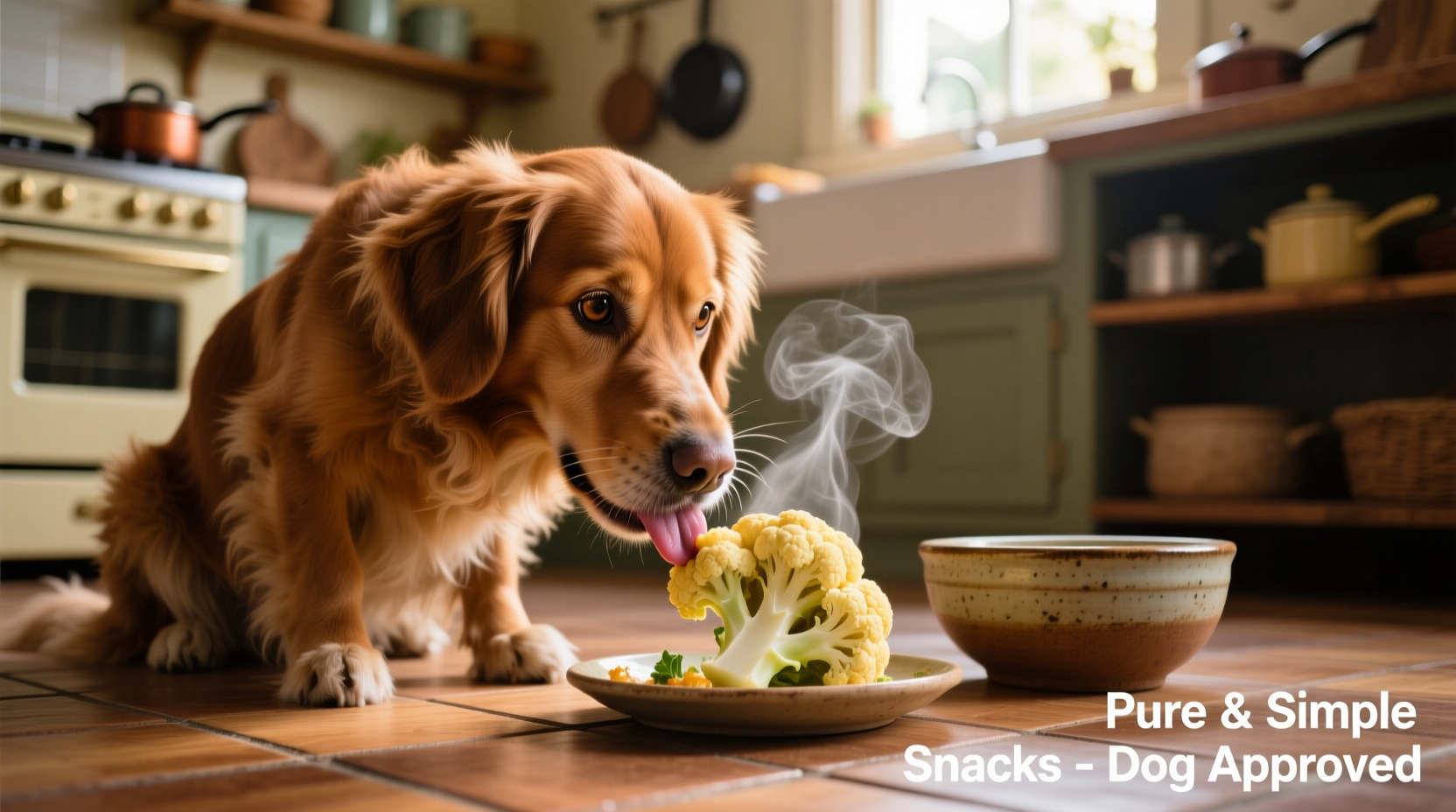 Dog eating small piece of cooked cauliflower