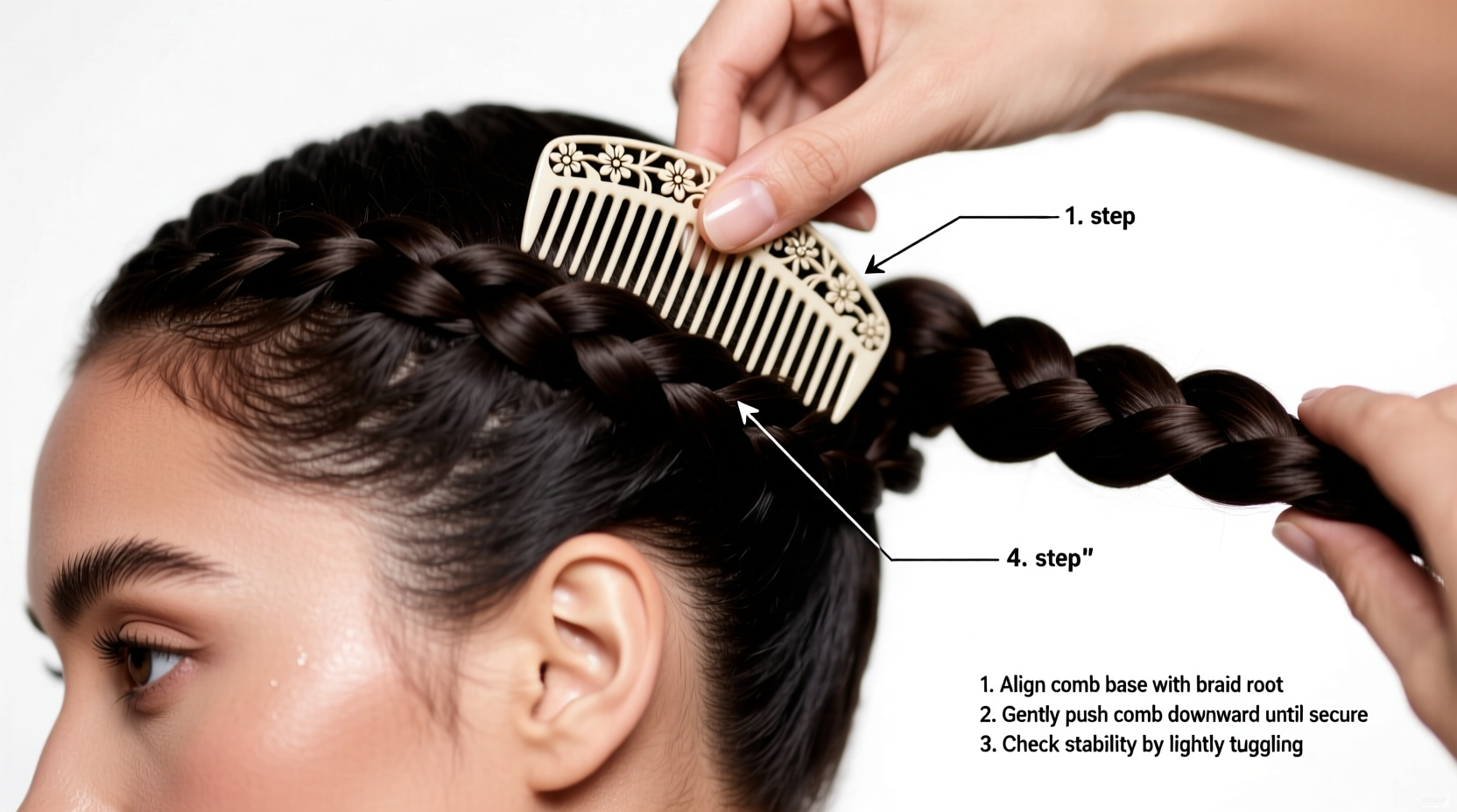 step by step guide how to attach a comb headpiece securely to your braid