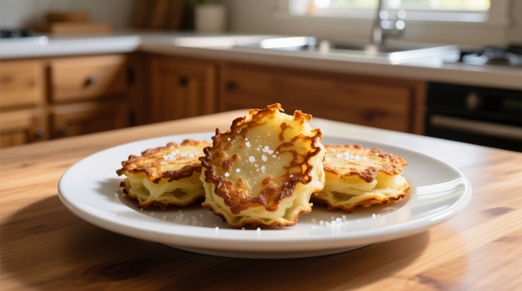 Golden brown potato cakes with crispy edges on a white plate