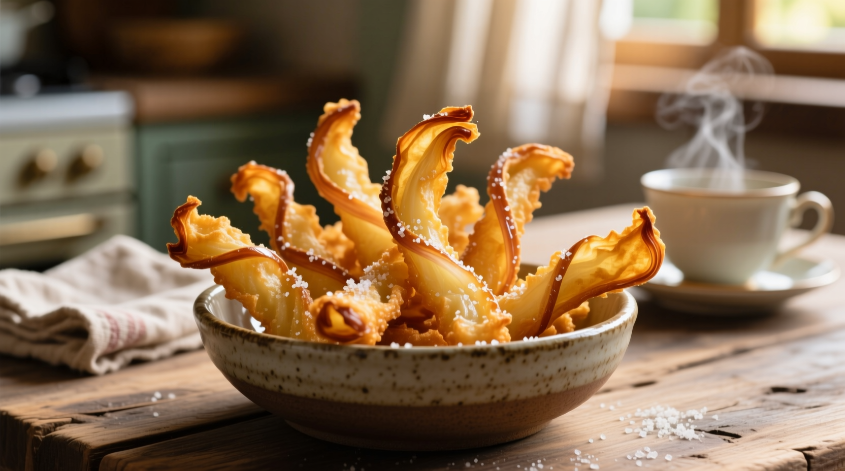 Crispy golden fried onion straws in a bowl