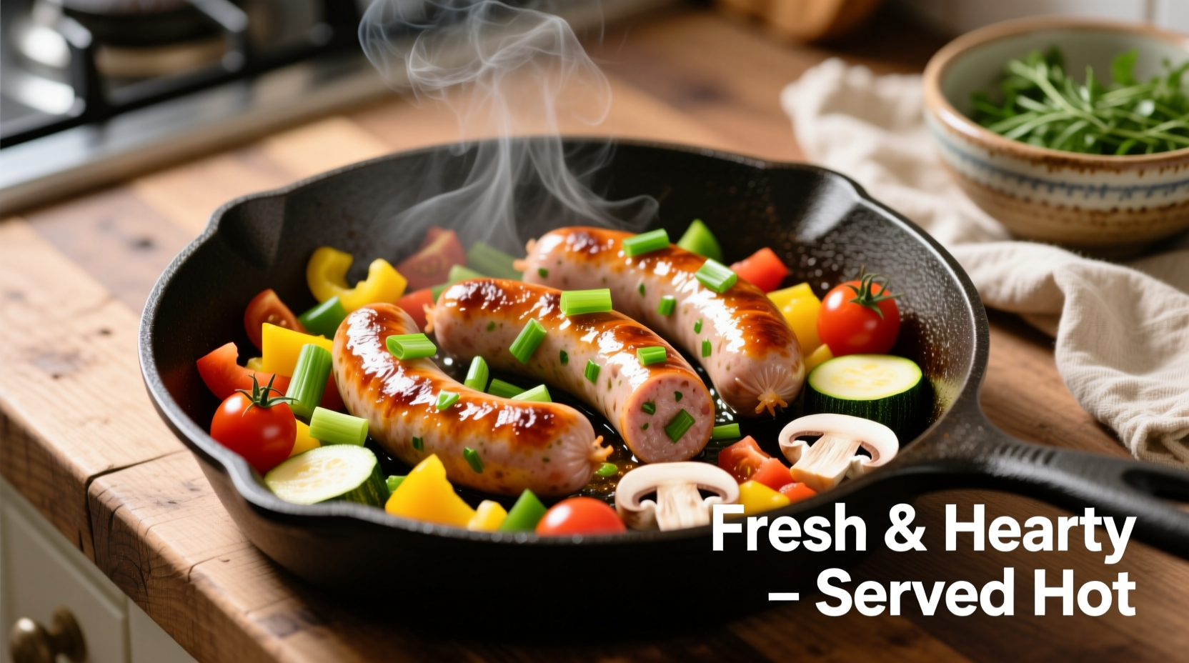 Fresh green onion sausage in skillet with vegetables