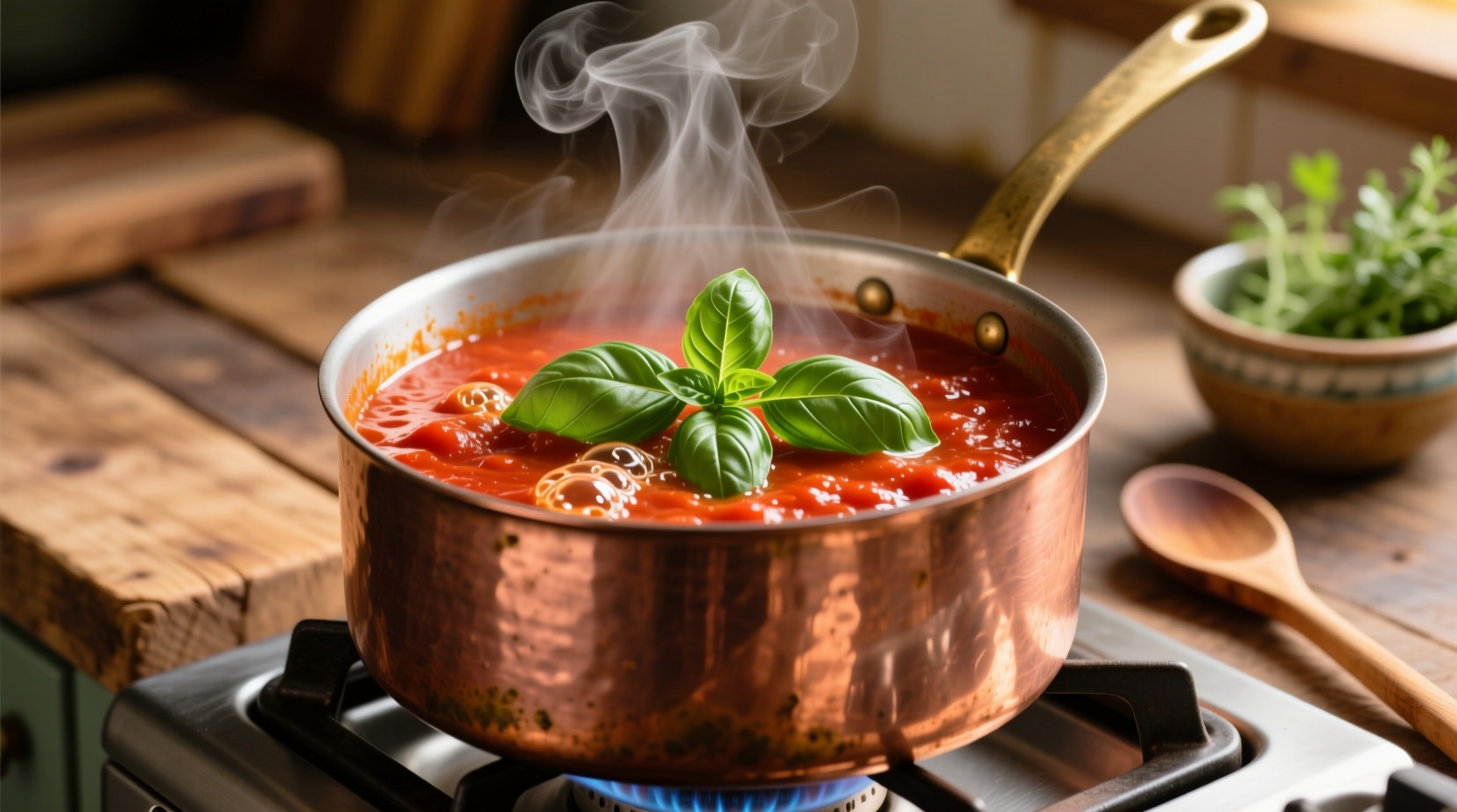 Marinara sauce simmering in copper pot with fresh basil