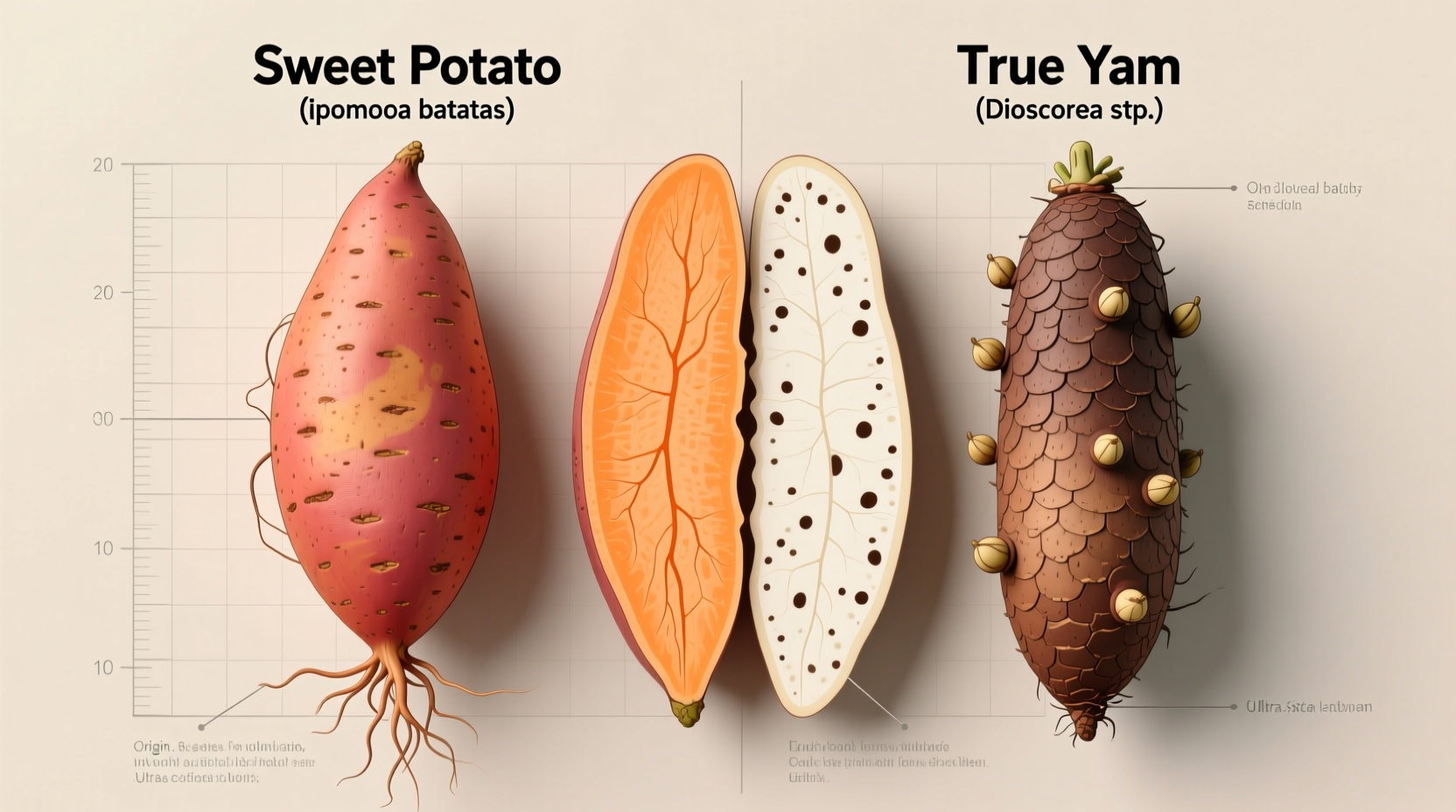 Side-by-side comparison of sweet potato and true yam
