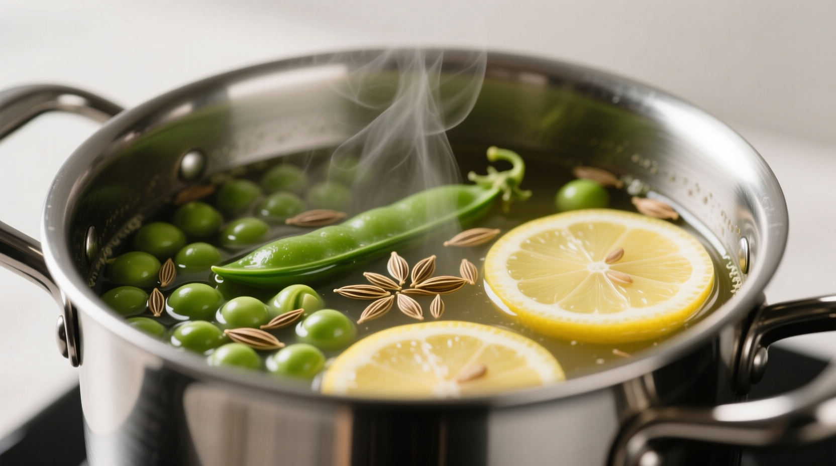 Close-up of green peas simmering with whole cumin seeds and lemon slices in a stainless steel pot