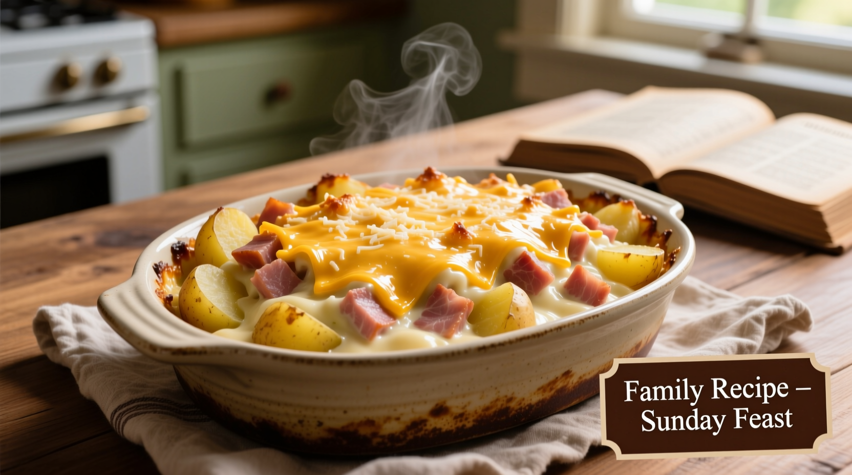 Creamy crockpot potato and ham casserole topped with cheese