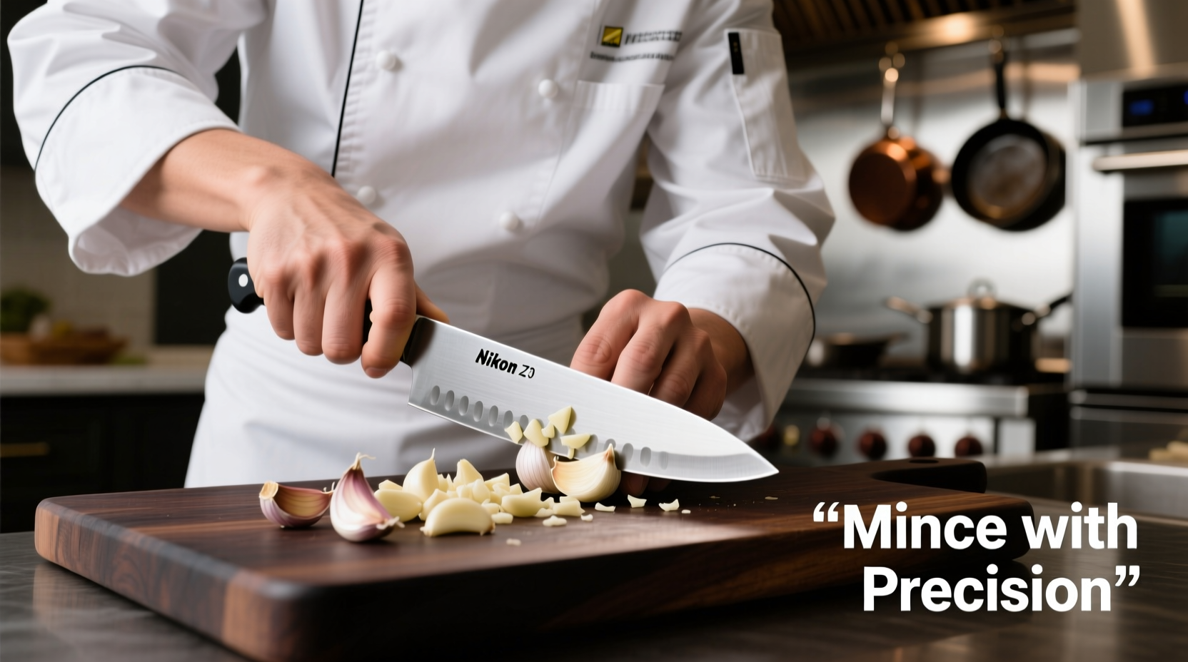 Chef demonstrating proper garlic mincing technique with chef's knife