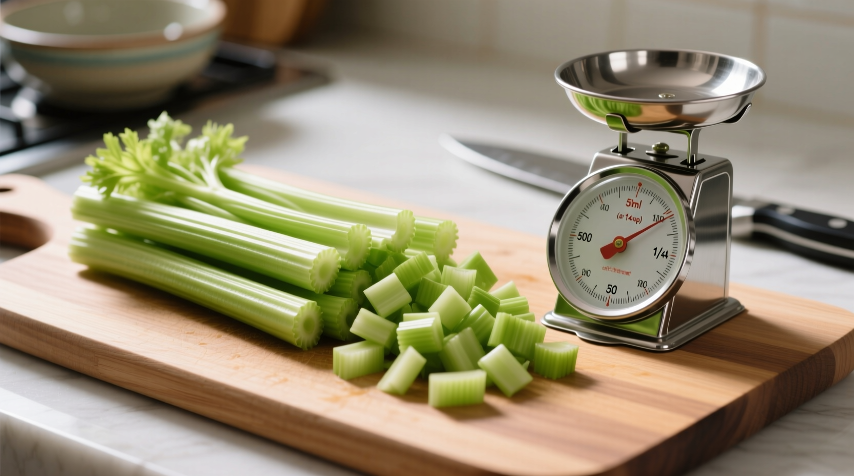 Chopped celery on cutting board with measuring scale