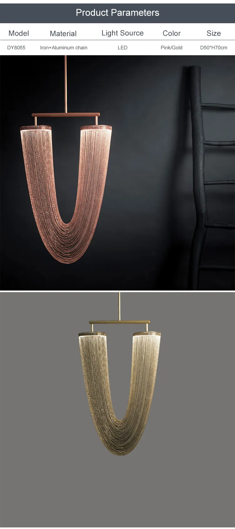 A decoração interna do produto novo que ilumina a forma de u aumentou candelabro conduzido moderno do metal do ouro