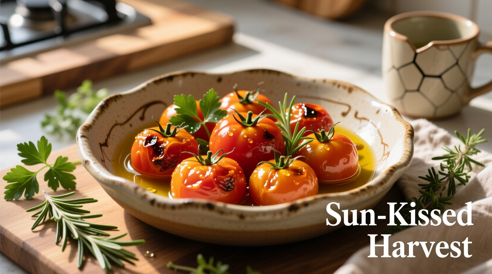 Golden tomato confit in ceramic dish with fresh herbs