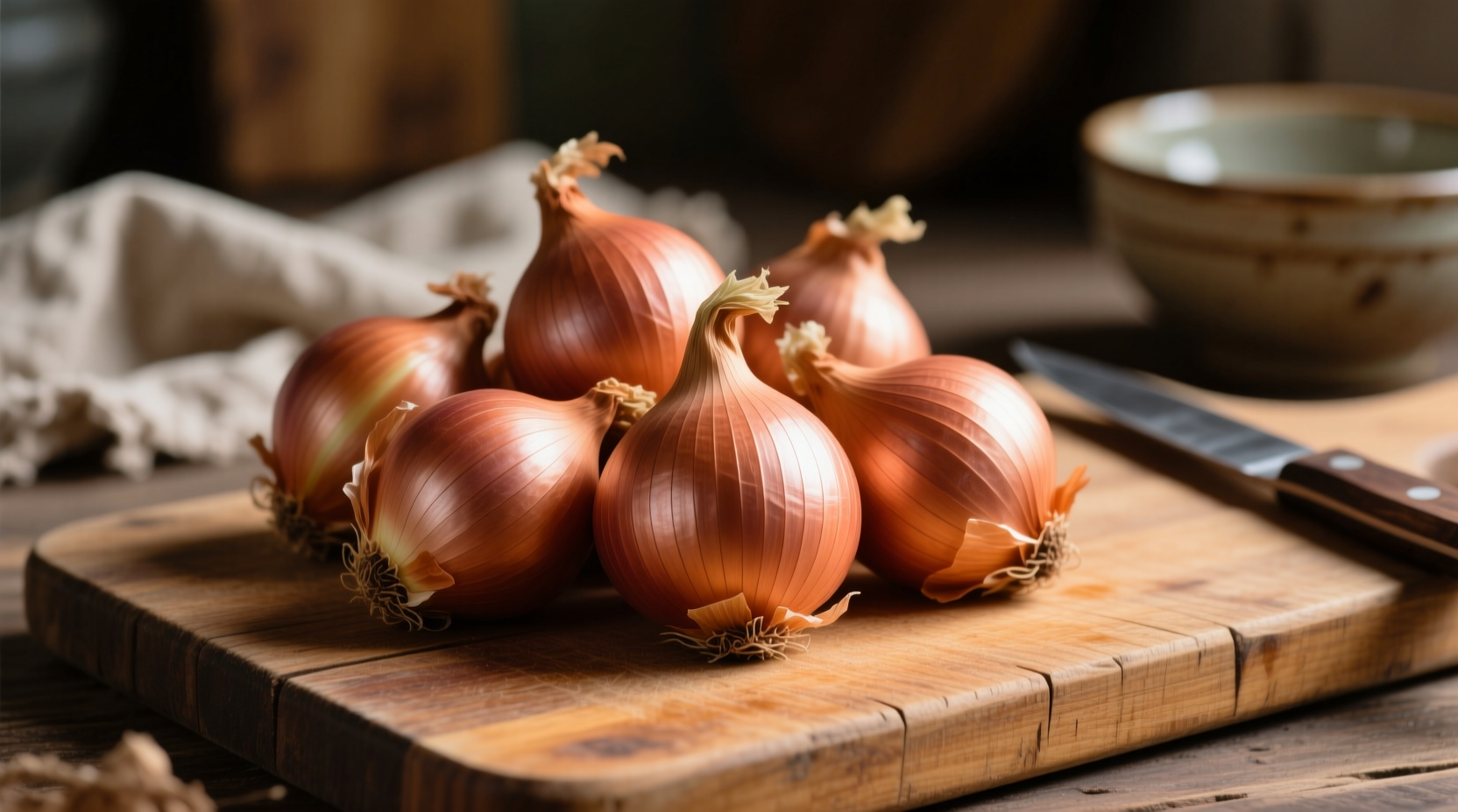 Fresh shallots with copper skin on wooden cutting board