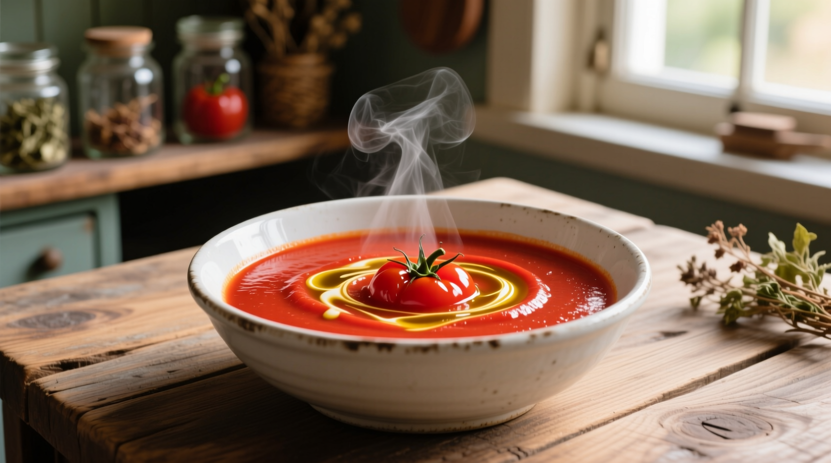 Vibrant red roasted pepper tomato soup in white bowl