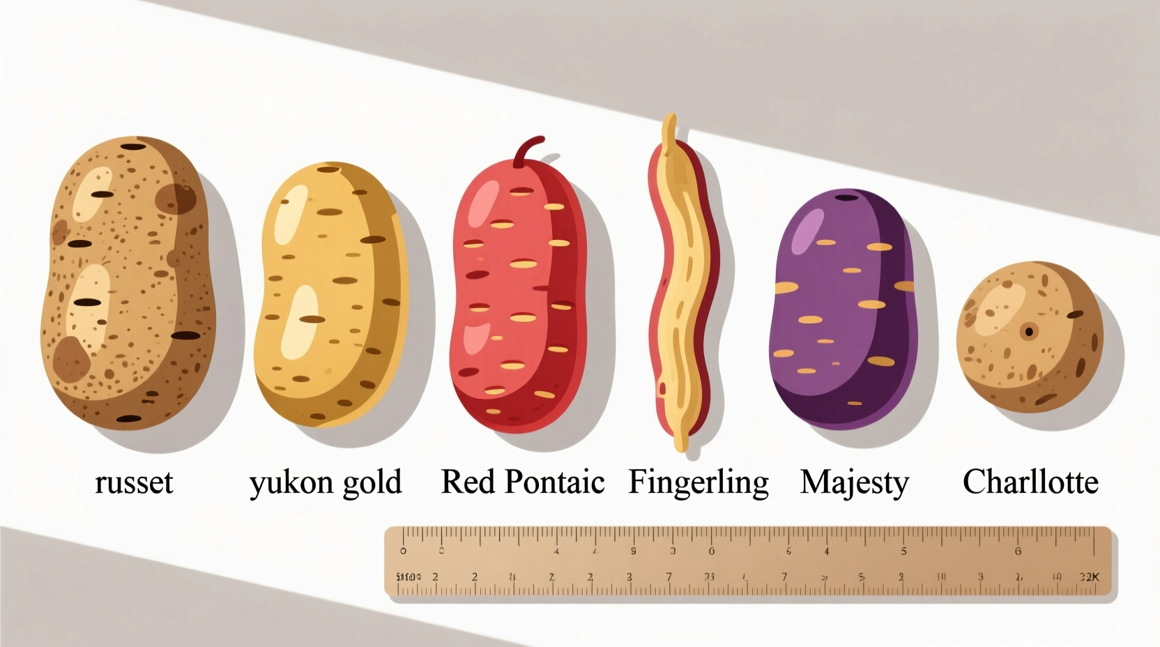 Visual comparison of different potato varieties and sizes