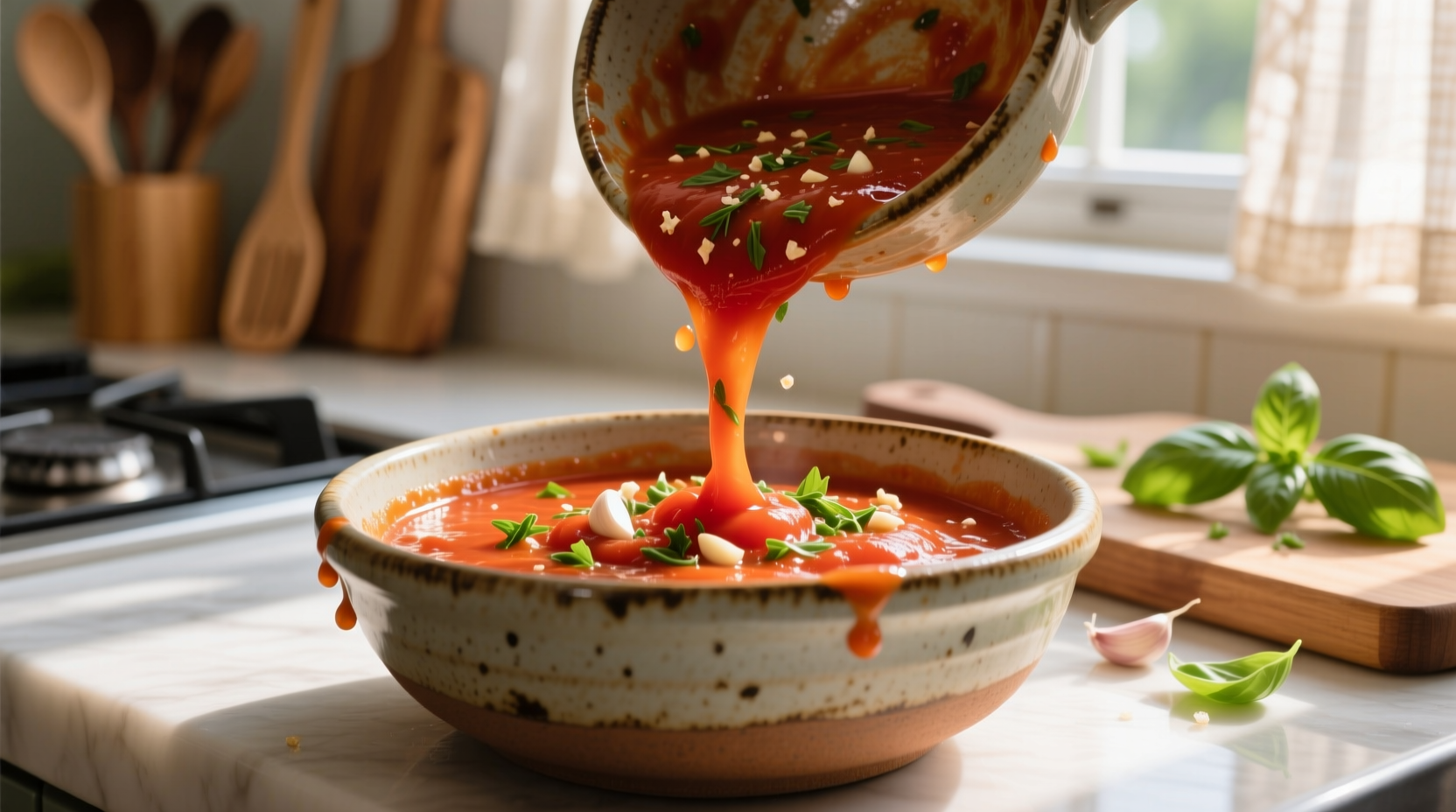 Fresh homemade tomato sauce in a ceramic bowl