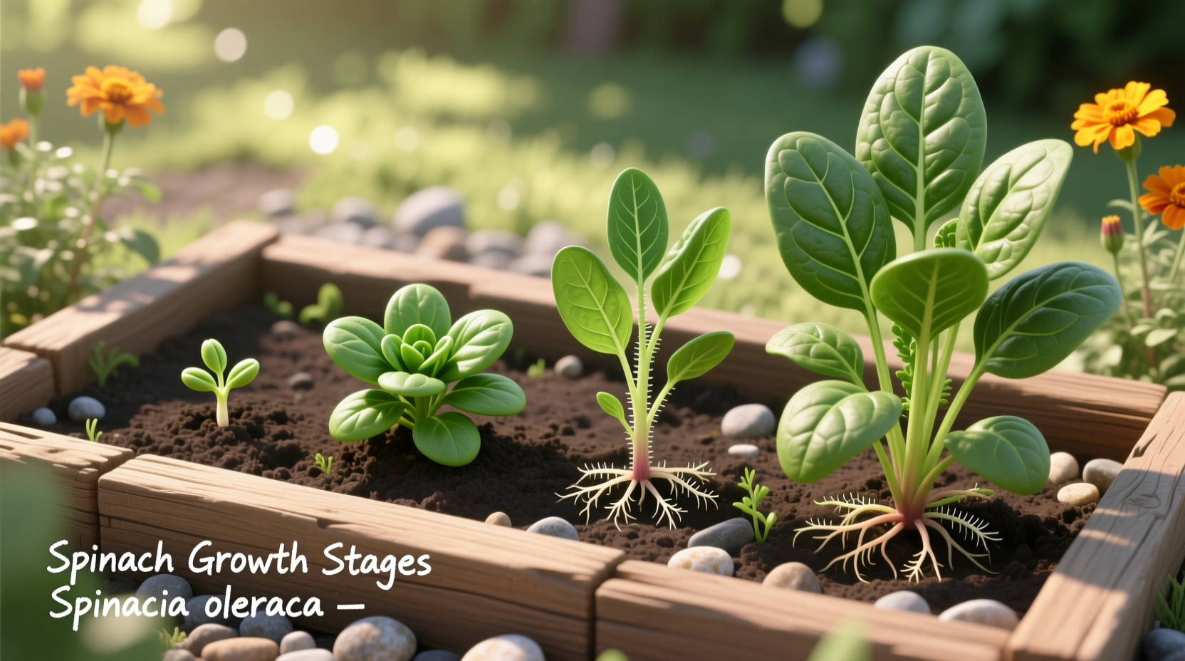 Spinach plant showing different growth stages in garden