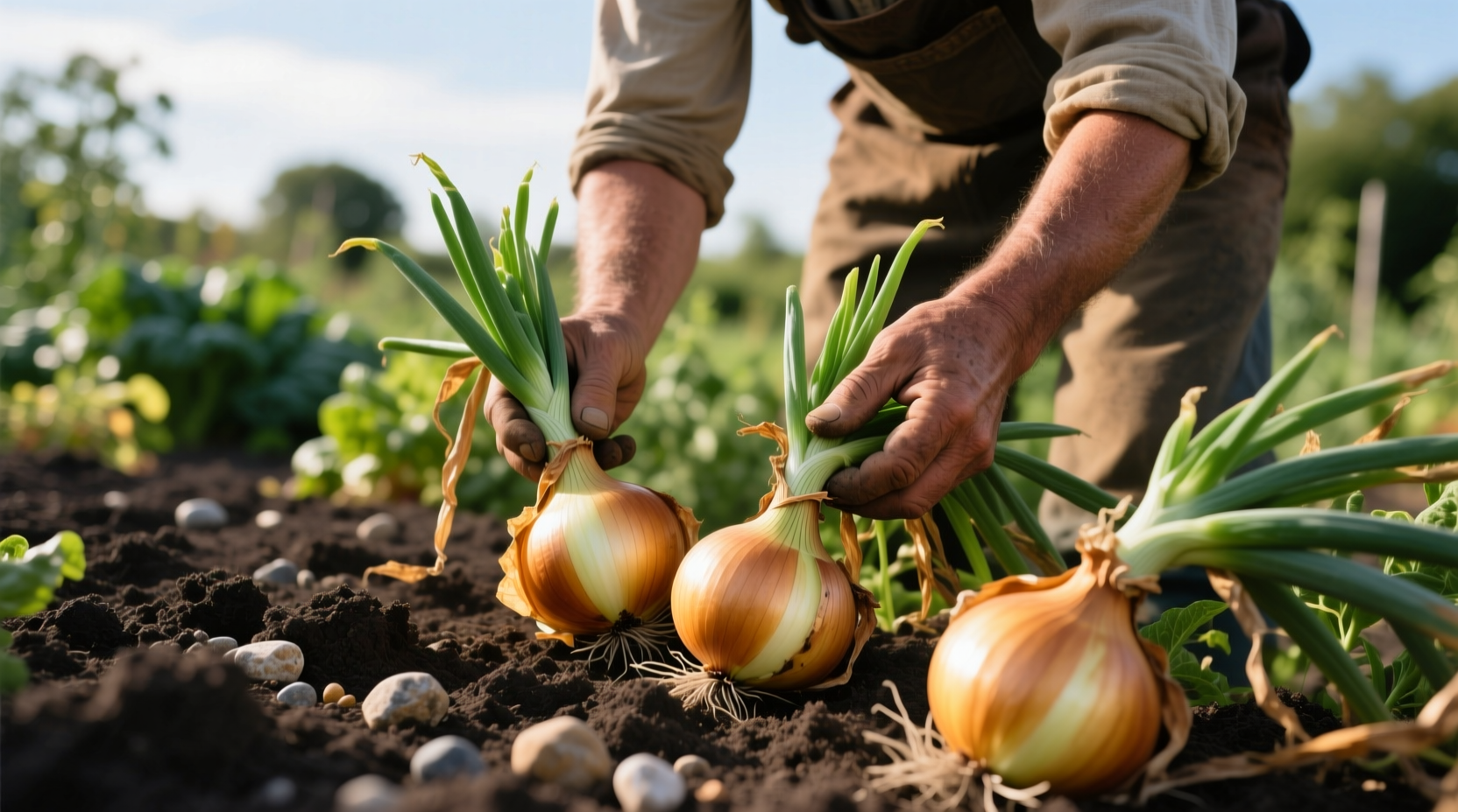 Gardener harvesting mature onions from garden bed