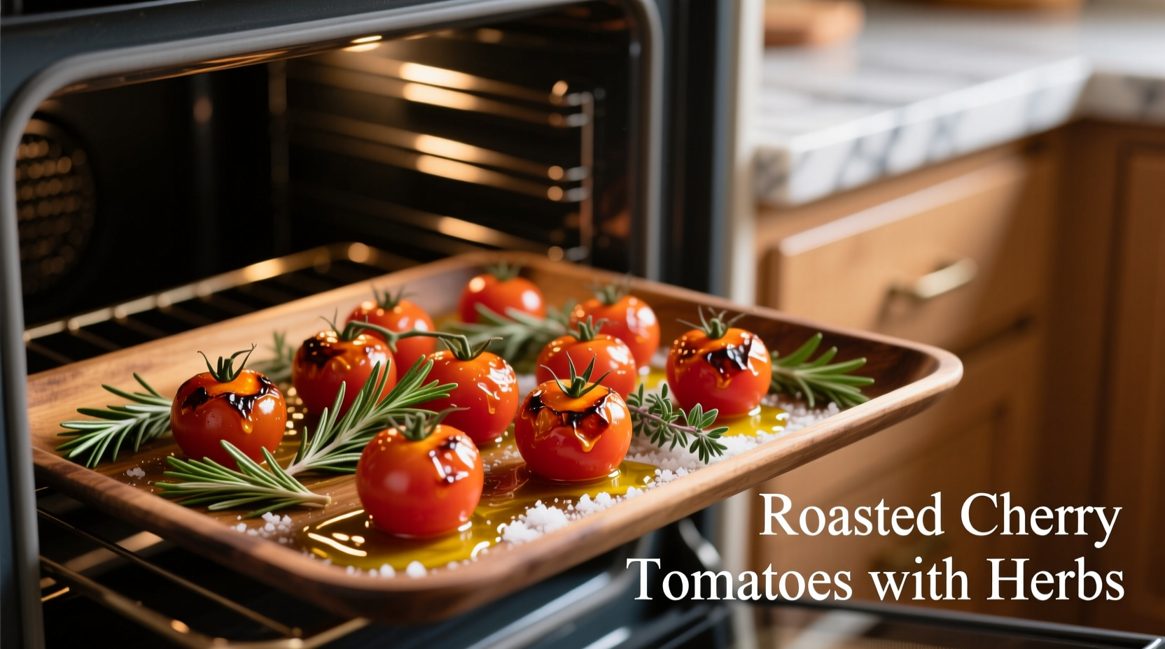 Fresh cherry tomatoes roasting in oven with herbs