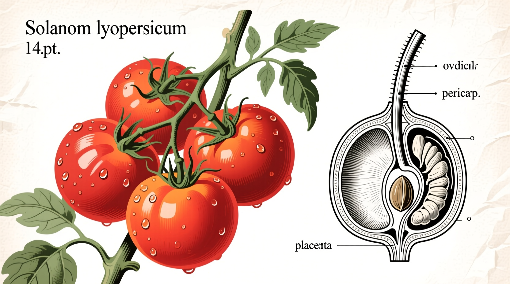 Ripe tomatoes on vine with botanical diagram