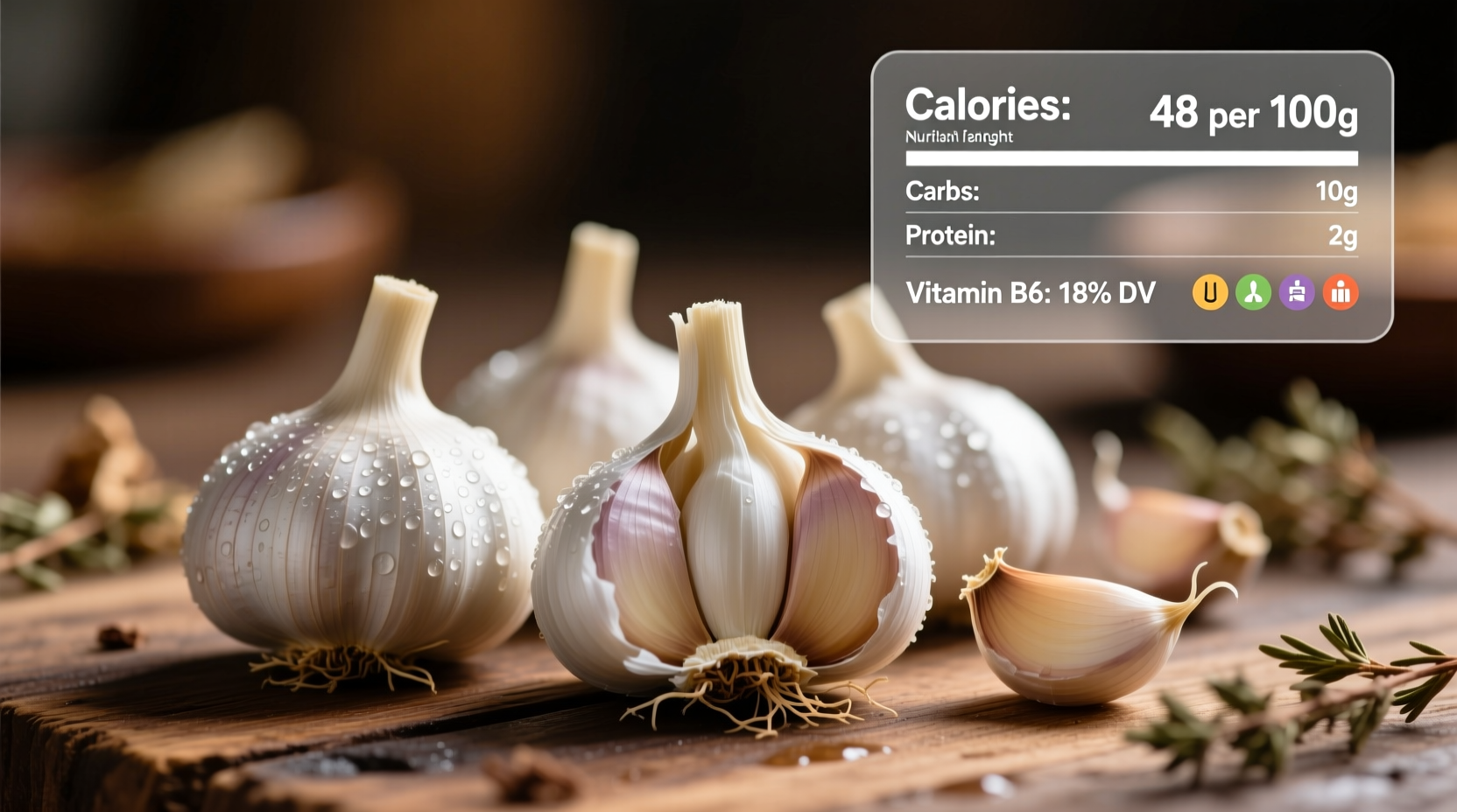 Fresh garlic cloves with nutritional facts chart