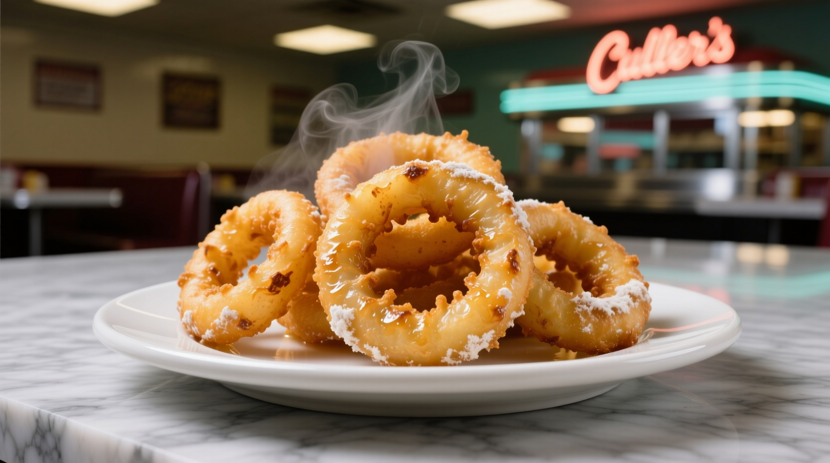 Freshly made Culver's onion rings on white plate