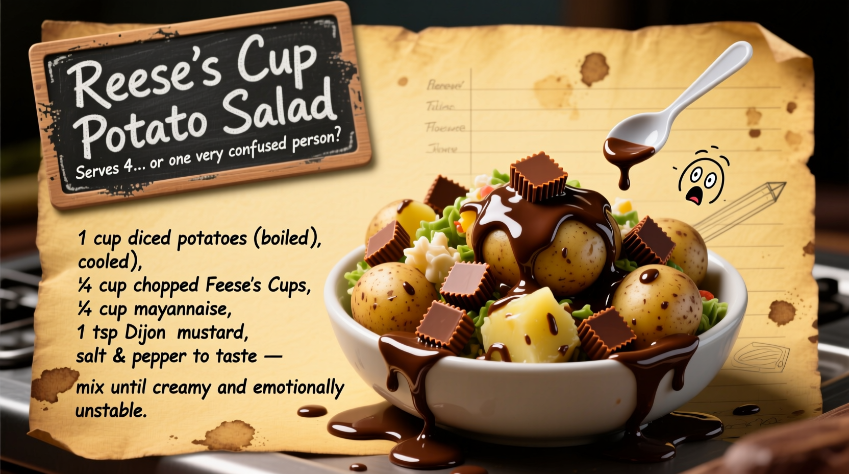 Satirical recipe card showing Reese's cups in potato salad