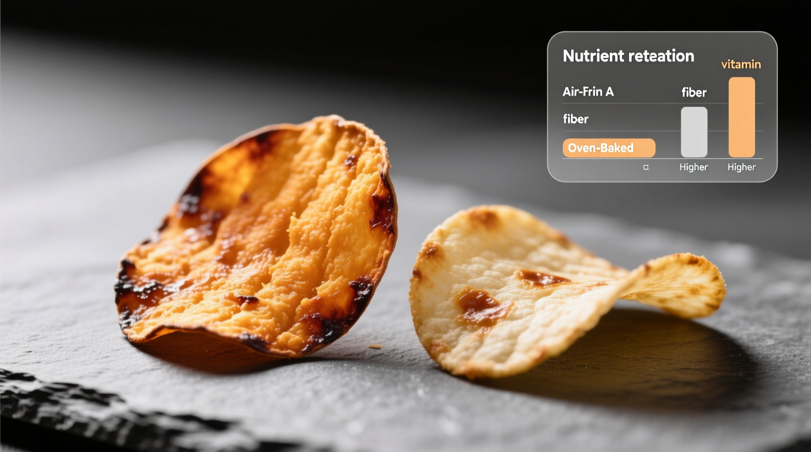 Side-by-side comparison of air-fried vs oven-baked sweet potato chips showing color difference and nutrient retention chart