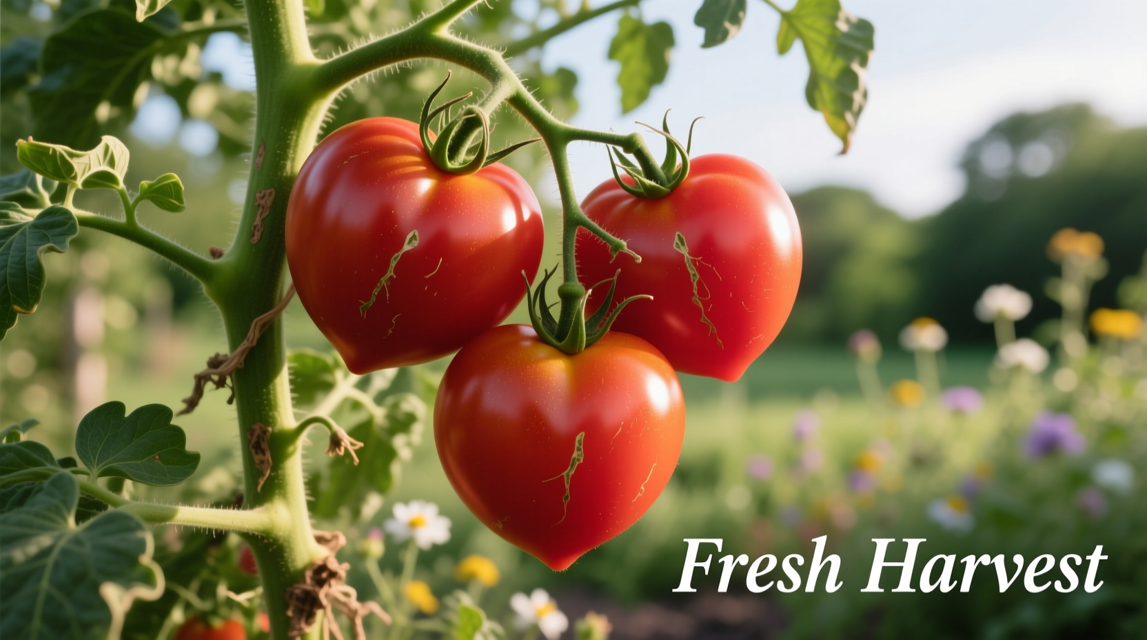 Ripe Oxheart tomatoes on vine showing distinctive heart shape