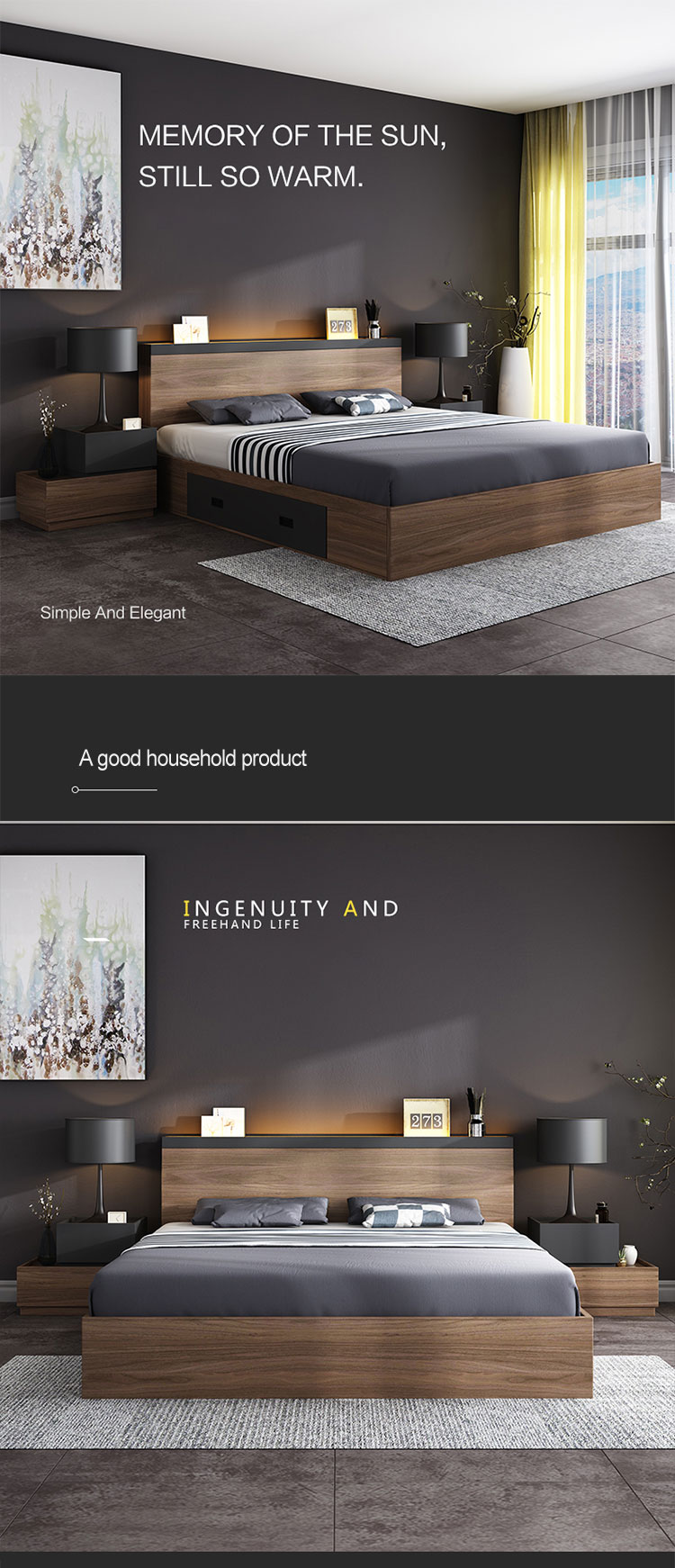 New bedroom set modern adult walnut color bed with storage luxury furniture bedroom bed with mattress
