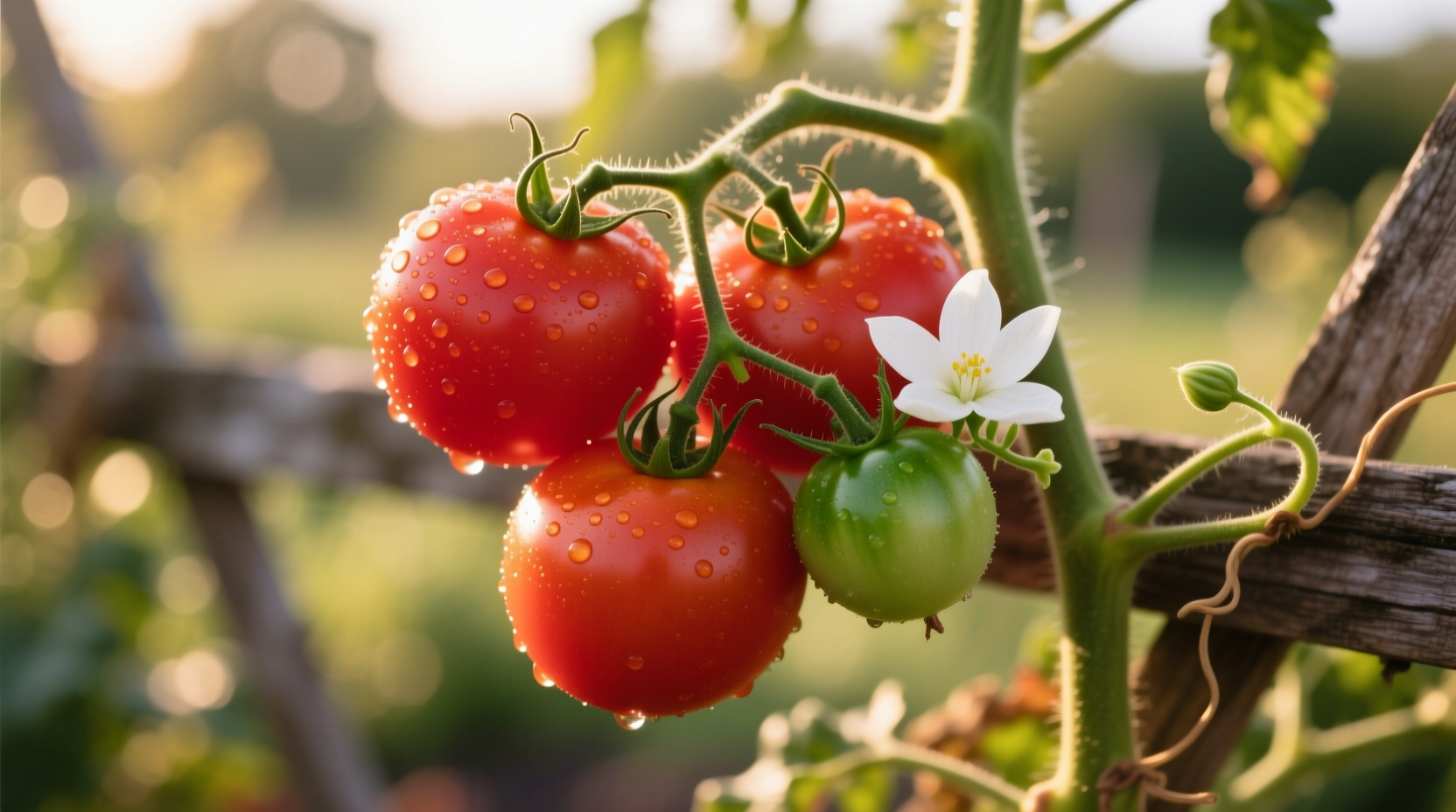 Ripe tomatoes on vine showing flower and developing fruit