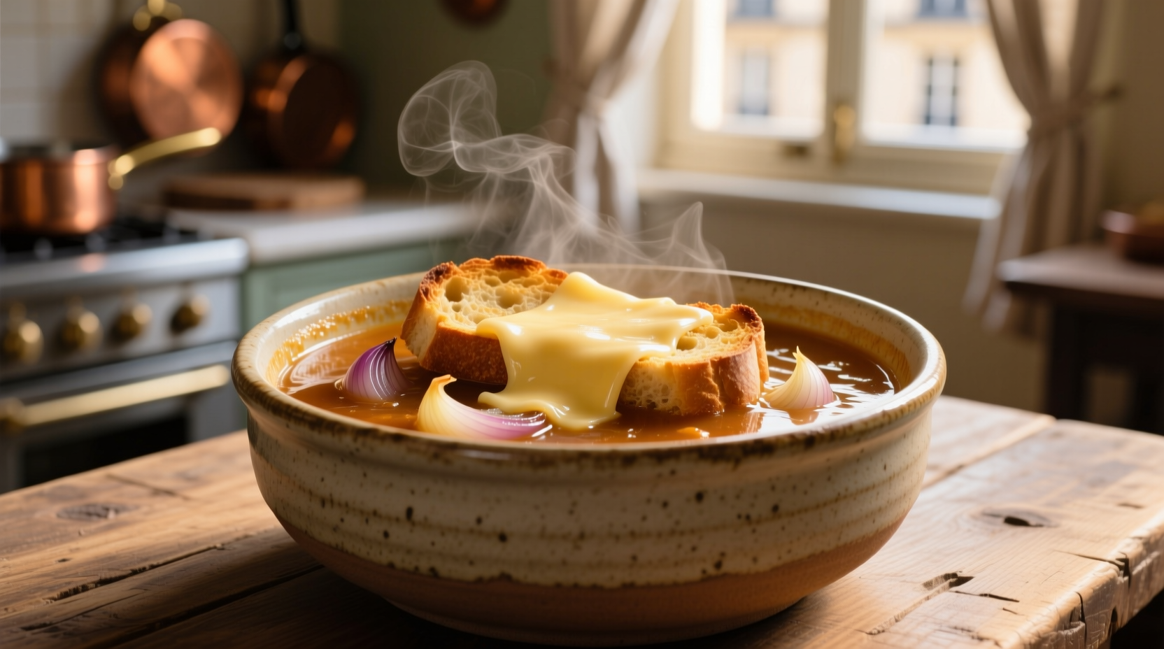Golden French onion soup rice in ceramic bowl