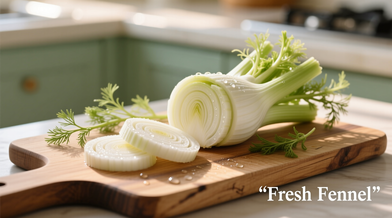 Fresh fennel bulb sliced on cutting board with fronds
