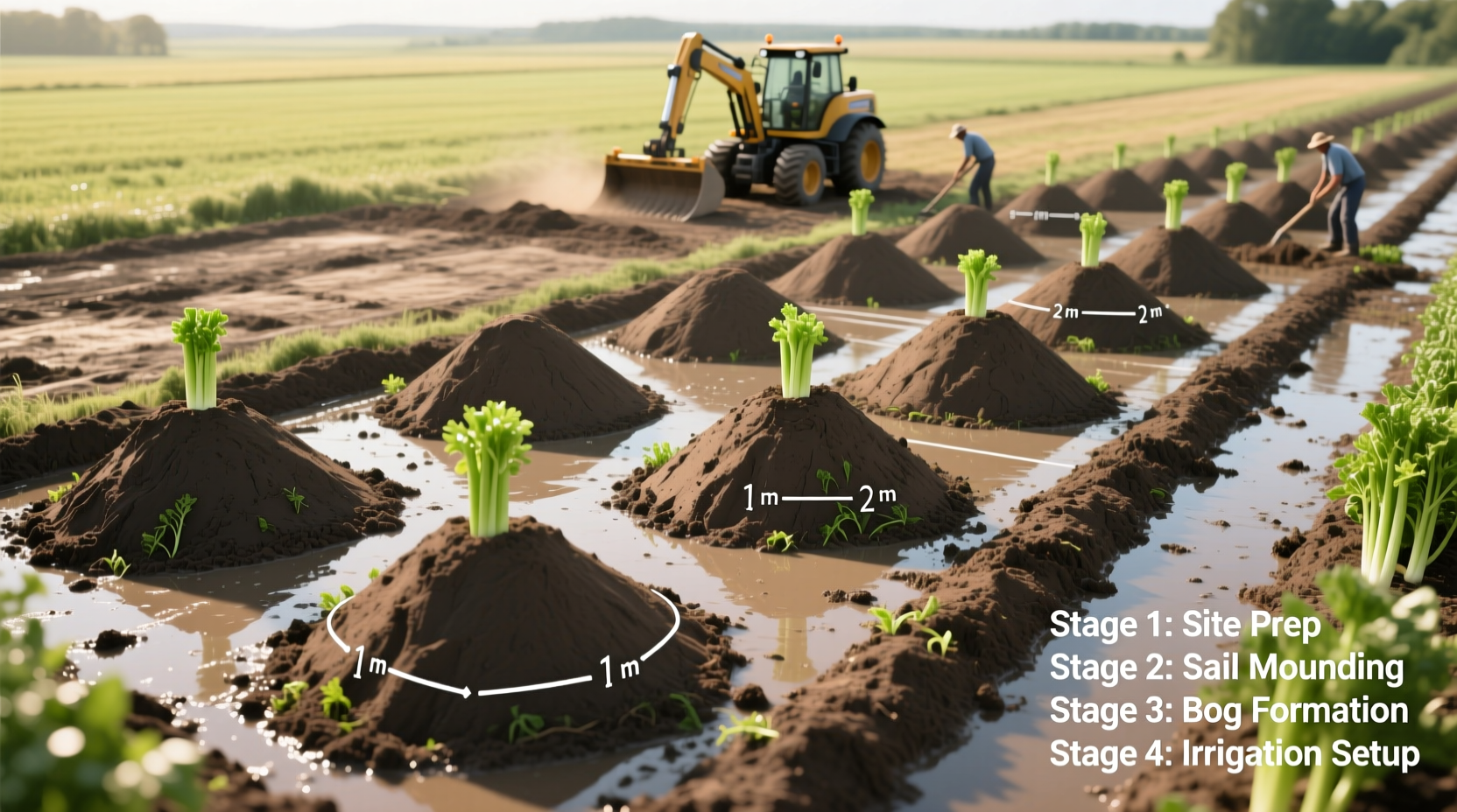 Step-by-step celery bog construction process showing soil mounding
