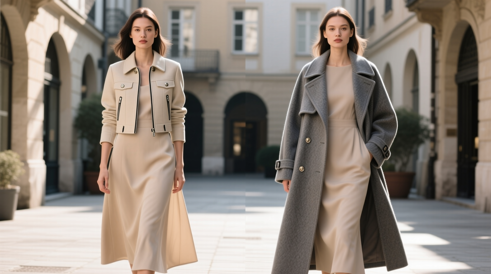 short jacket or long coat with a dress which looks better and is more practical