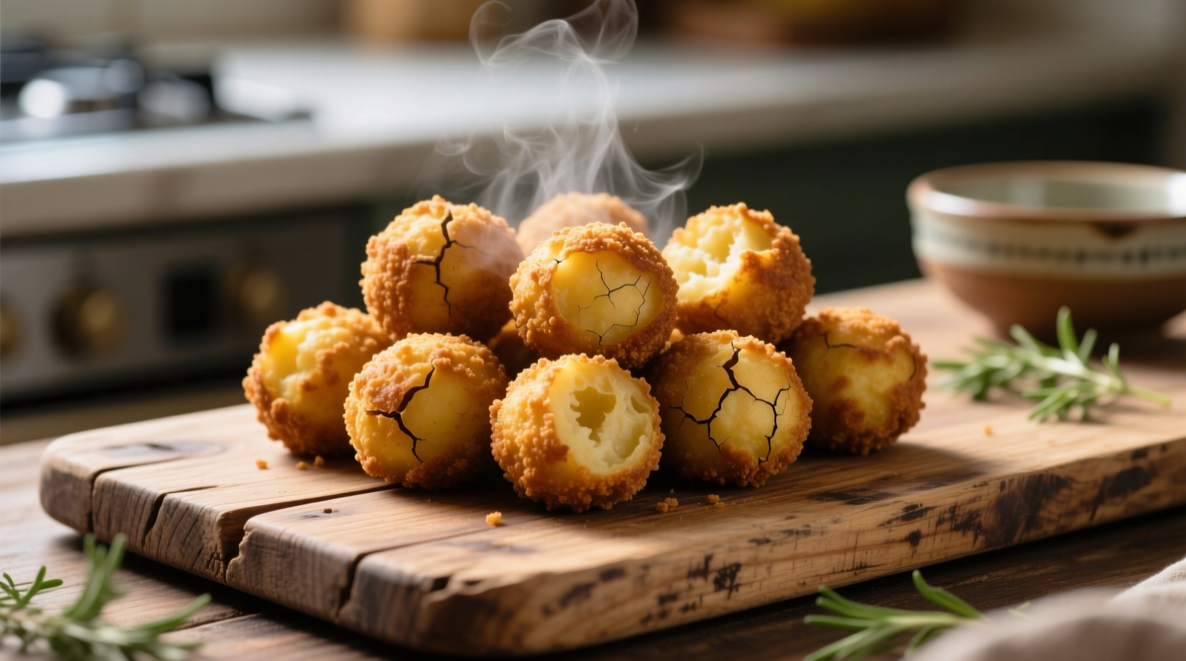 Golden brown potato croquettes on wooden board
