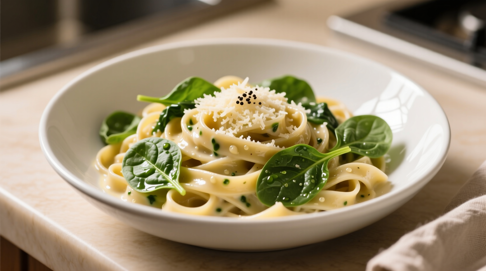 Creamy pasta with fresh spinach in white bowl