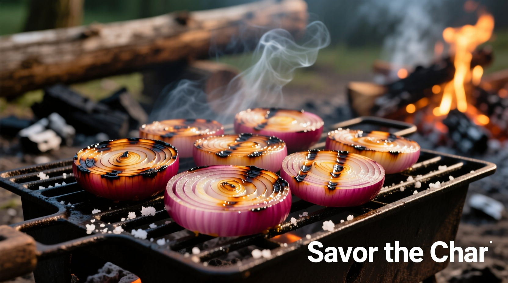 Grilled red onion slices on charcoal grill