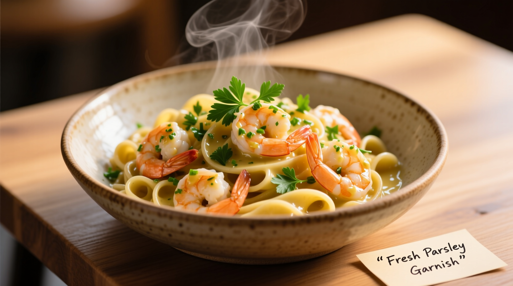 Garlic shrimp pasta with fresh parsley garnish