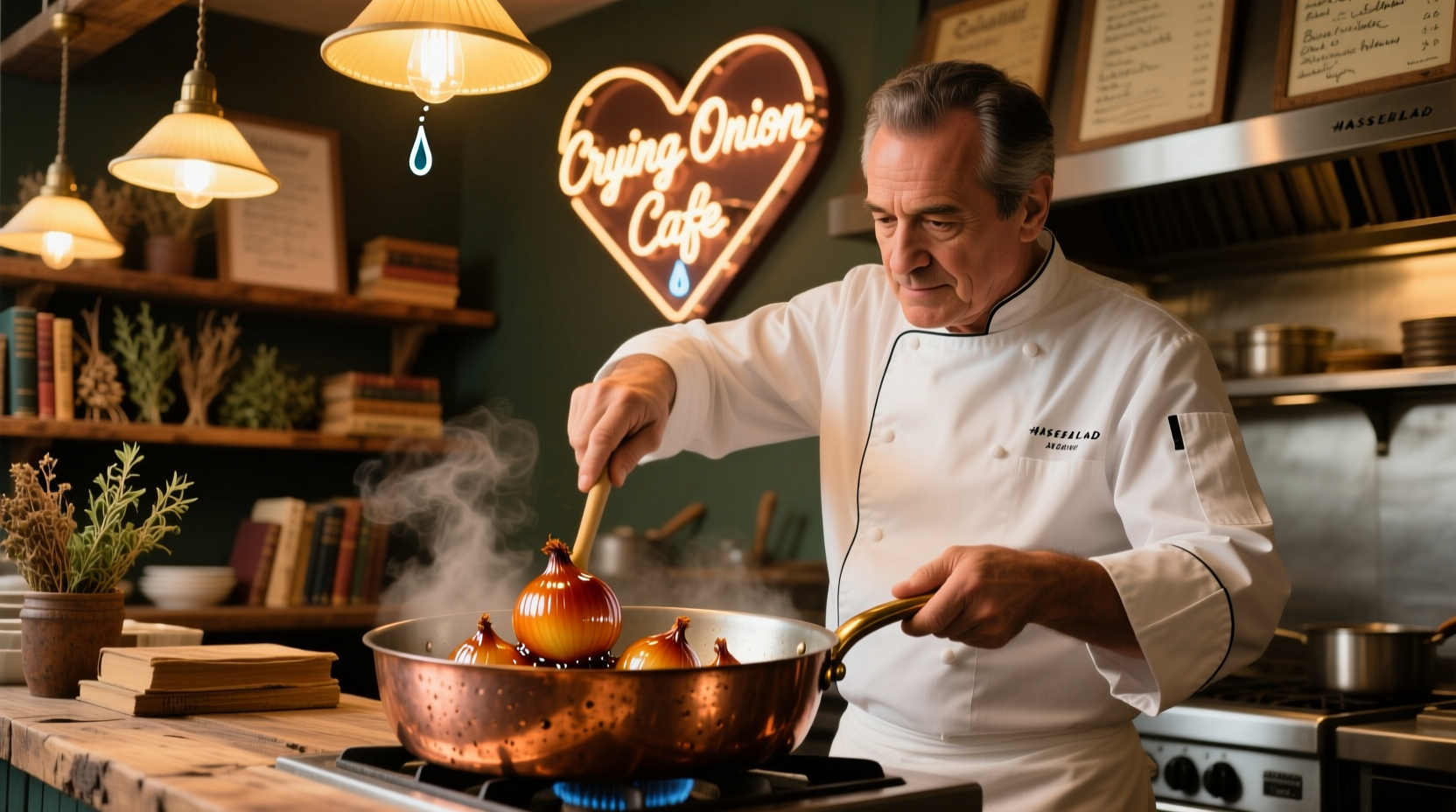 Chef preparing caramelized onions in copper pan at Crying Onion Cafe