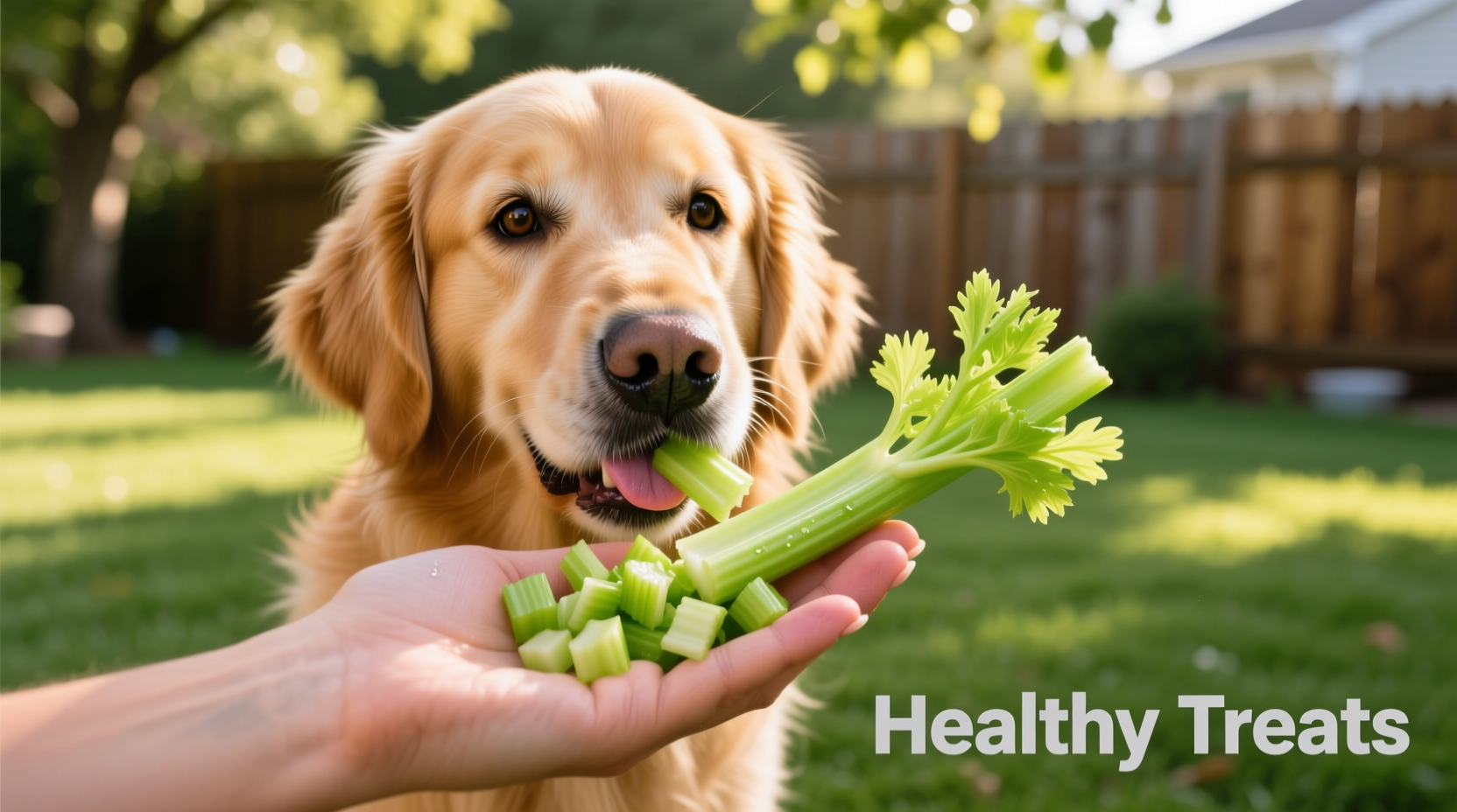 Golden Retriever eating chopped celery from owner's hand